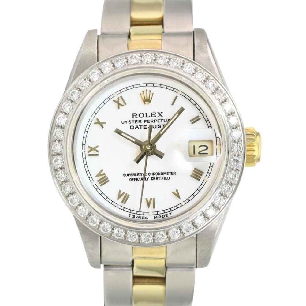 ROLEX DATEJUST WHITE ROMAN DIAL DIAMOND 18KY & STEEL TWOTONE JUBILEE WATCH 69173